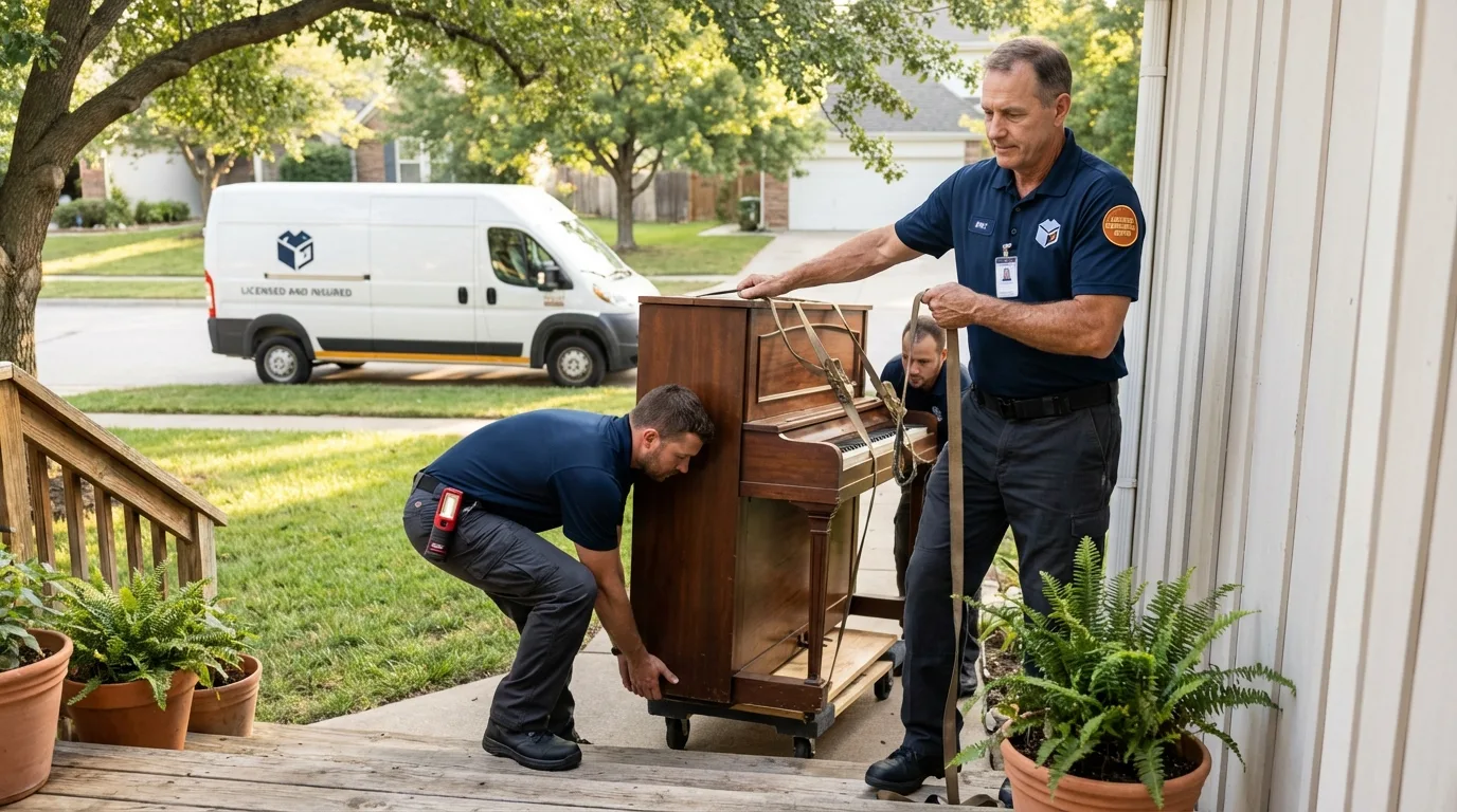 Licensed piano movers securing grand piano in Moss Point, MS
