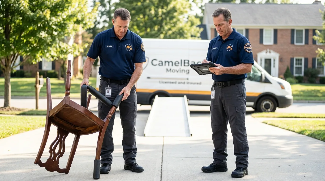 Movers inspecting furniture for damage prevention before loading in Moss Point, MS